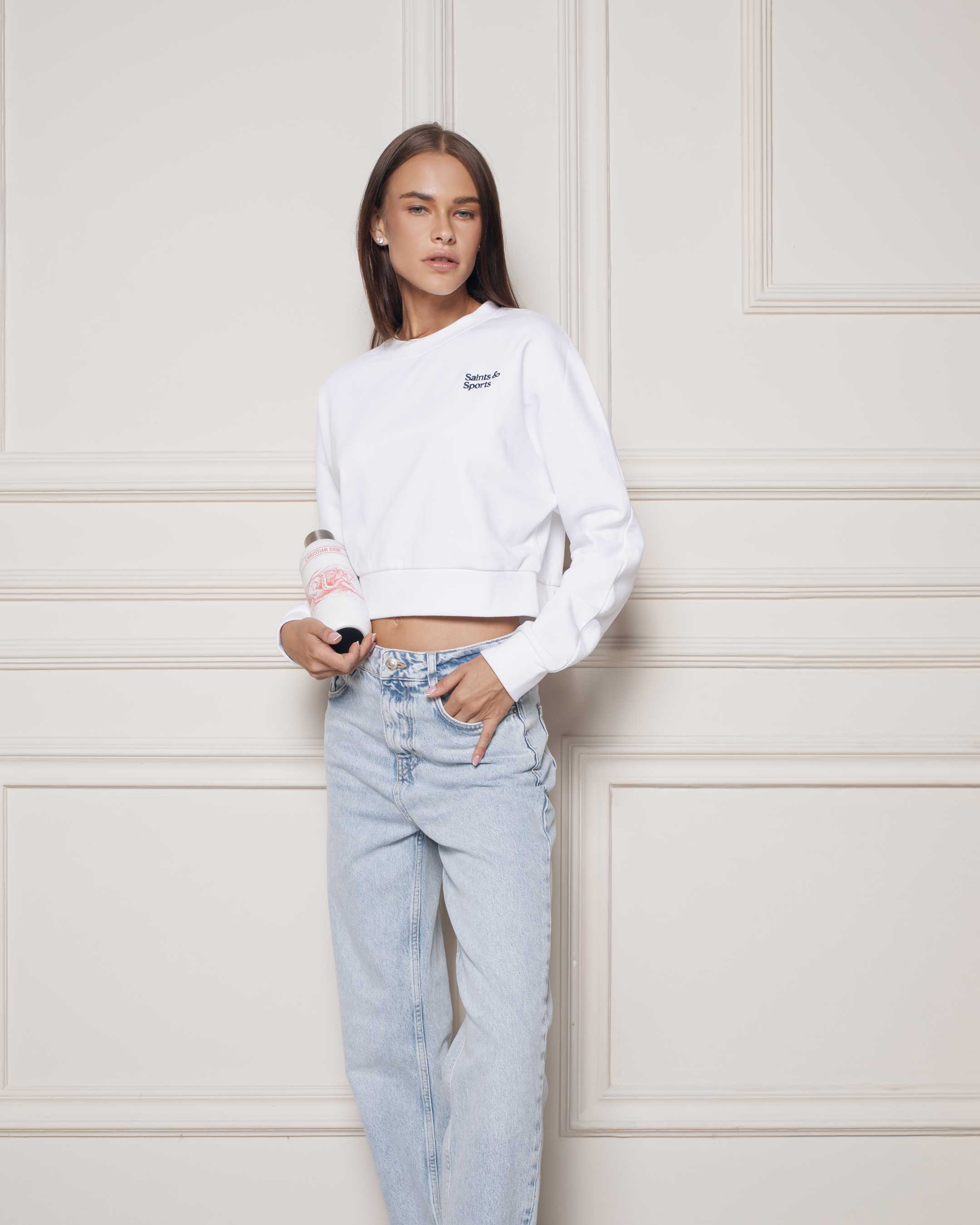 Saintsweight 450 Cropped Sweater Porcelain White (Model) 1 - Saints & Sports