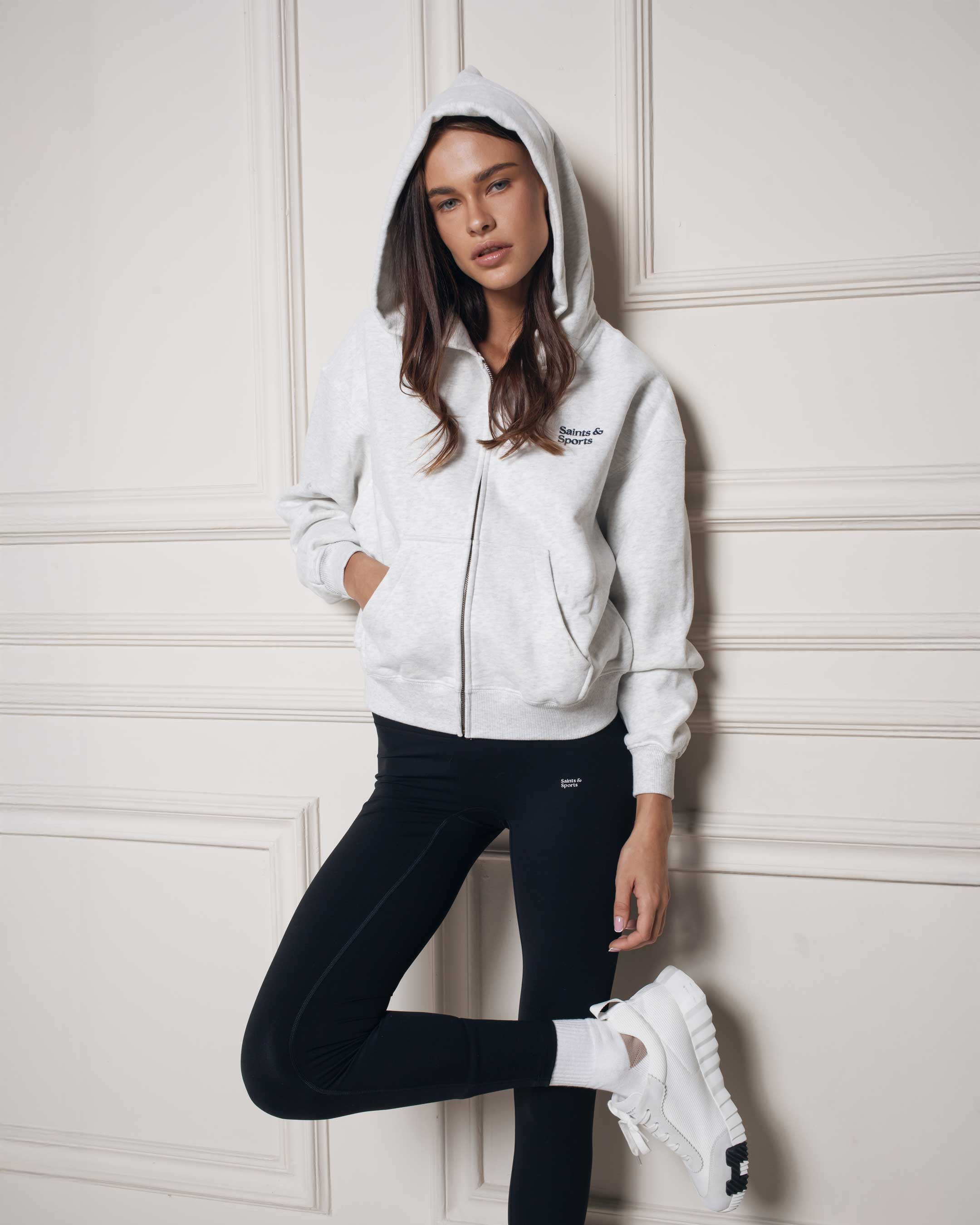 SaintsWeight™ 450 Full Zip Hoodie Heather Grey (Model) 1 - Saints & Sports