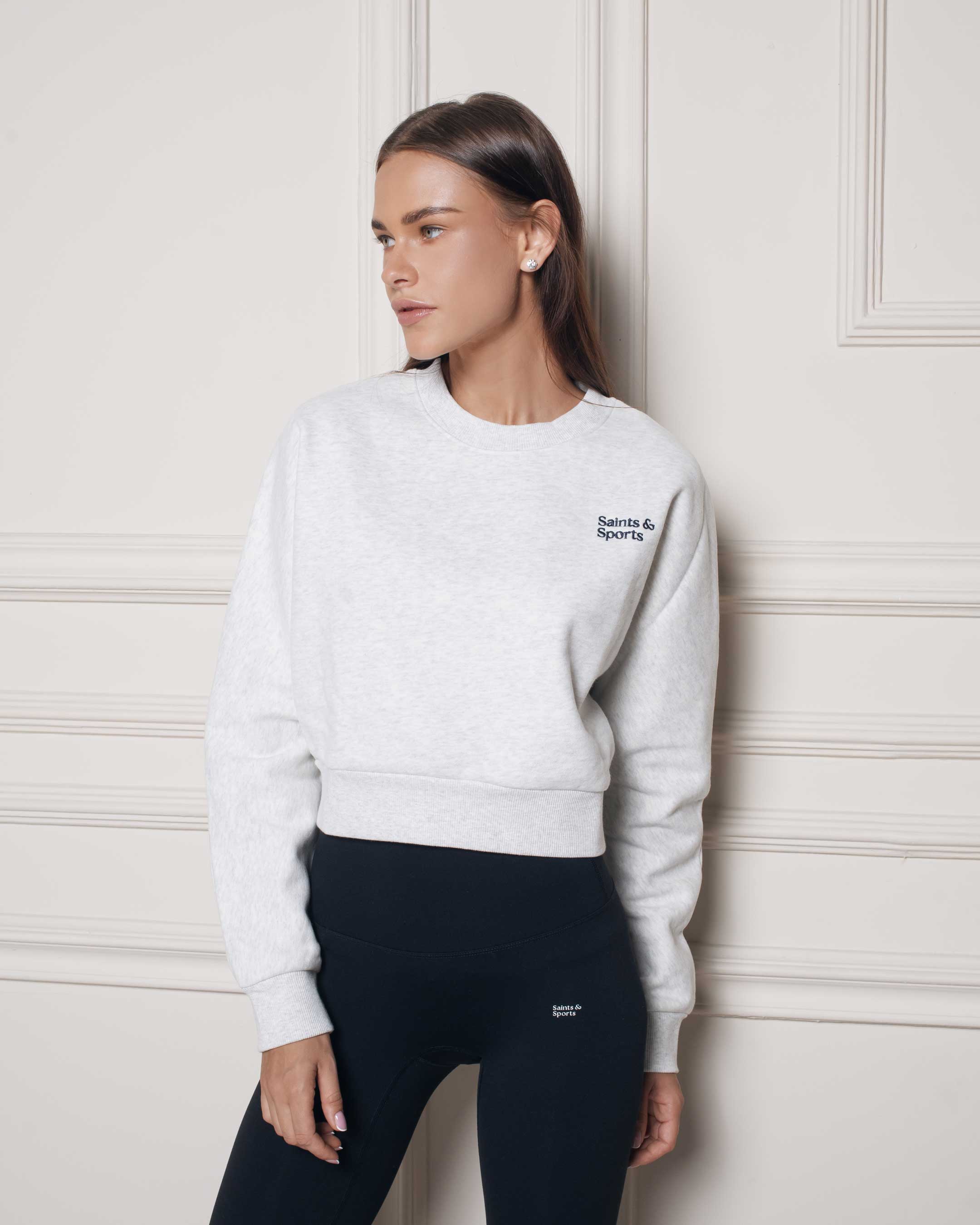 Saintsweight 450 Cropped Sweater Heather Grey (Model) 1 - Saints & Sports