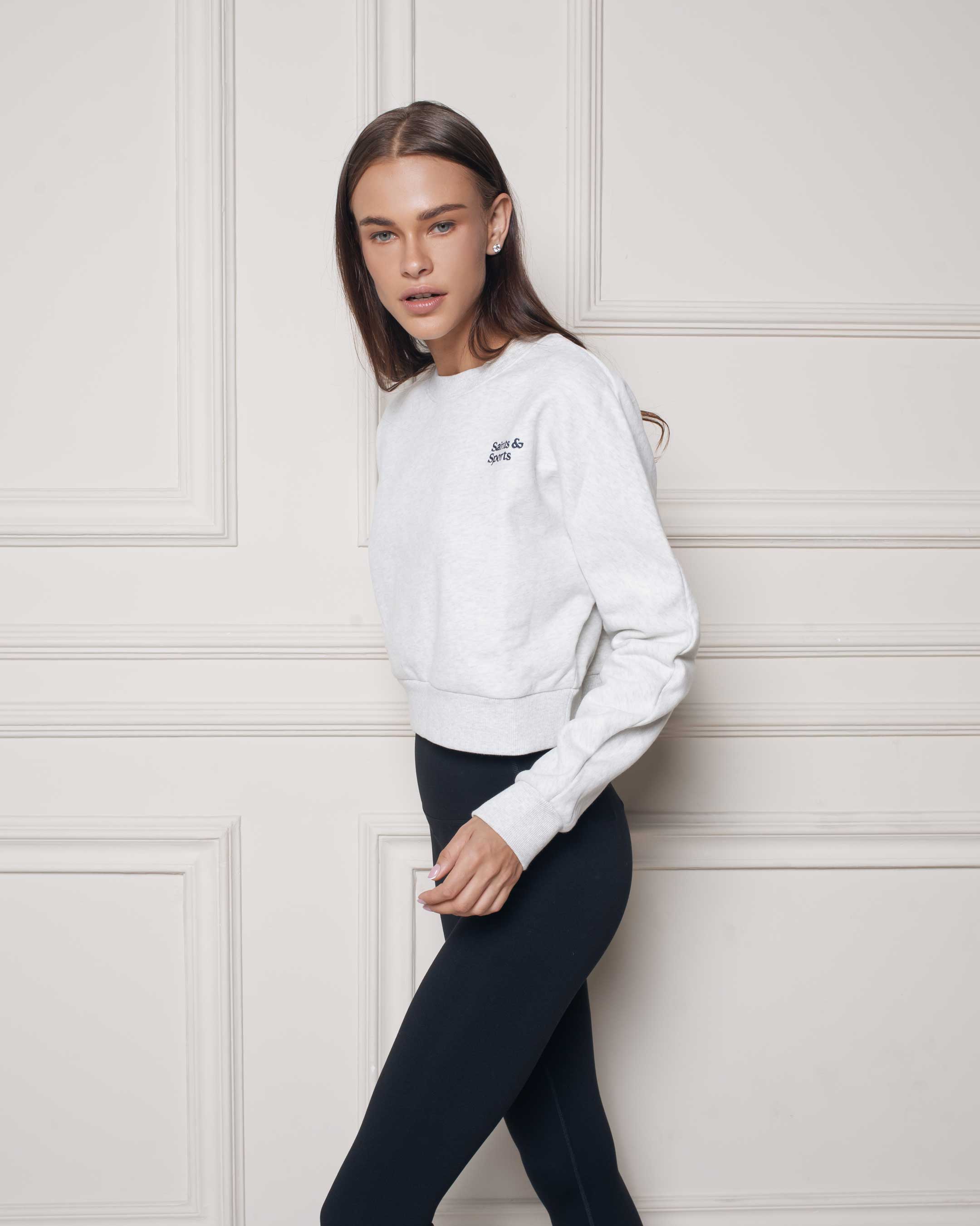 Saintsweight 450 Cropped Sweater Heather Grey (Model) 4 - Saints & Sports